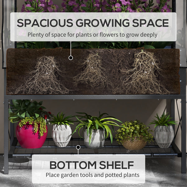 Raised planter with lid, bottom shelf and liner, black