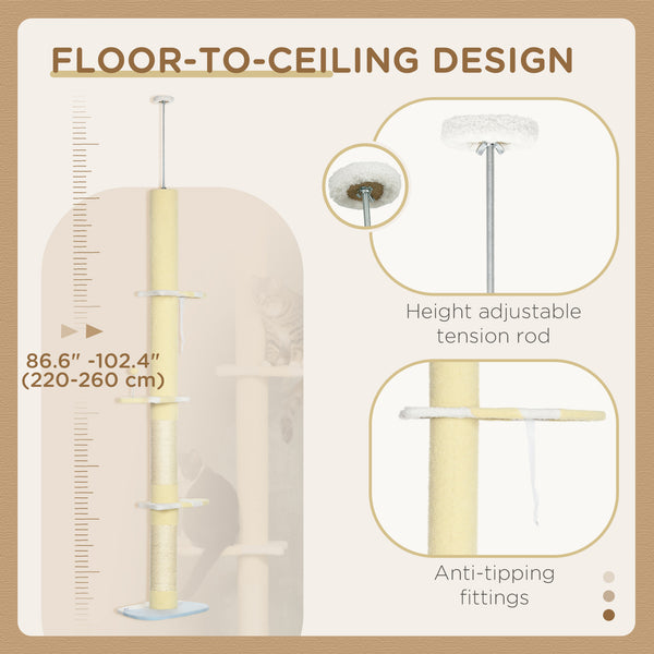 221-259cm Cat Tree with Scratching Posts, Perches and Play Ball, Yellow