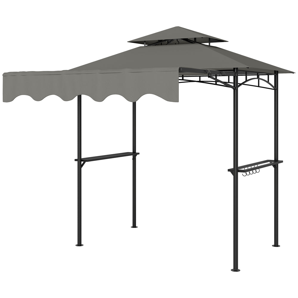 8' x 5' Grill Gazebo, Double Tiered Barbecue Grill Gazebo Shelter with Side Awning, 2 Side Shelves, 6 Hooks, Light Grey