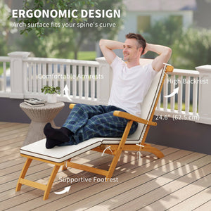 Folding Sun Lounger with Padded Cushion, Acacia Wood Recliner with Footrest for Garden, White