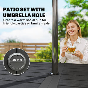 6-seater outdoor dining set, mesh stacking chairs with parasol hole, grey