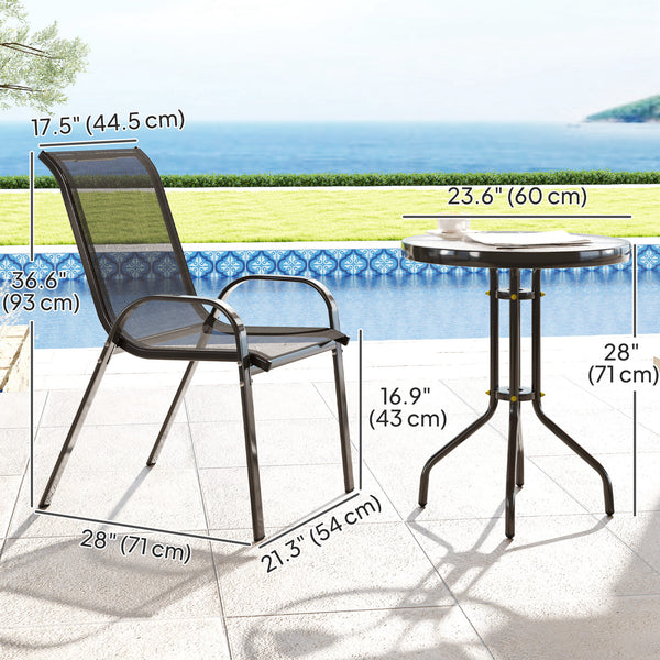 3 Pieces Bistro Set, Small Patio Furniture Set with Stackable Mesh Chairs, Glass Table for Garden, Balcony, Black