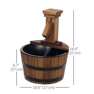 Outdoor cascading fountain, wooden barrel