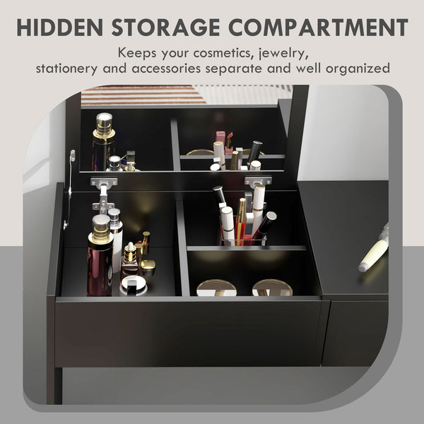 Modern dressing table with folding mirror and padded stool, black