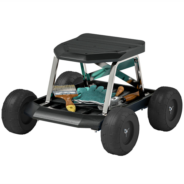 Rolling garden stool with integrated tool tray