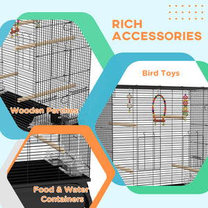 Bird Cage for Parakeets, Canaries, Finches, Lovebirds, Budgies, with Rolling Stand, Toys, Black