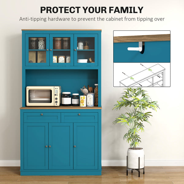 Storage cabinet with microwave space, sideboard with hutch, 2 drawers, adjustable shelves and glass doors, navy blue