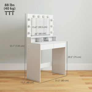 Dressing table with LED lighting, charging station and drawers, white 