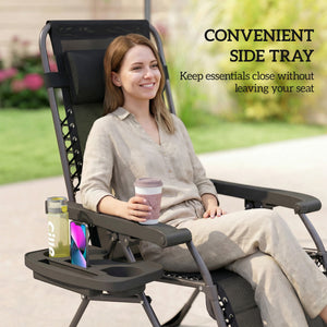 Set of 2 Zero Gravity Outdoor Lounge Chairs, Folding and Reclining, with Cup Holder and Headrest, Black.