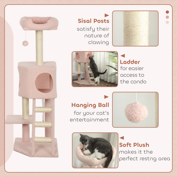 119cm high cat tree with niche, ladder, scratching posts and hanging ball, pink