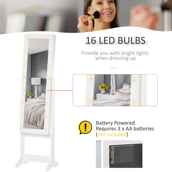 Freestanding jewelry cabinet with illuminated mirror, adjustable angle and 16 LEDs, warm white