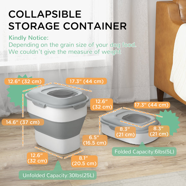 Foldable pet food storage container with airtight lid, grey