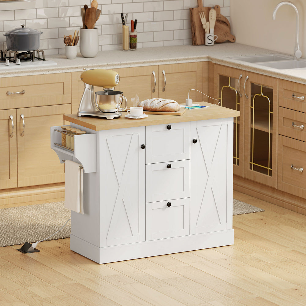 Farmhouse style kitchen island with electrical outlet, soft-close doors, and 3 drawers, white