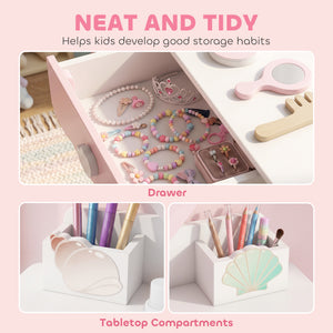 Children's vanity with light-up mirror, stool and 7 accessories, pink