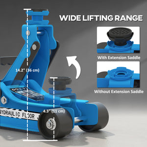 2.5-ton ultra-low profile hydraulic jack, blue, with lifting range up to 14.1 in, blue