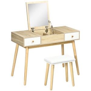 Dressing table with folding mirror and padded stool, natural