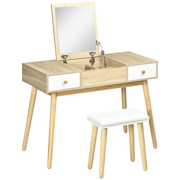 Dressing table with folding mirror and padded stool, natural