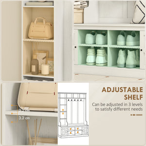 Hallway furniture with bench, coat rack, 12 shelves, 2 cupboards, 5 hooks, white wood look