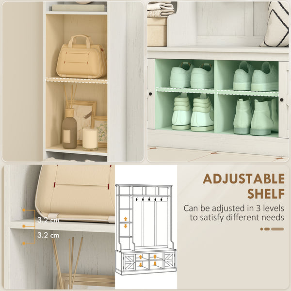 Hallway furniture with bench, coat rack, 12 shelves, 2 cupboards, 5 hooks, white wood look