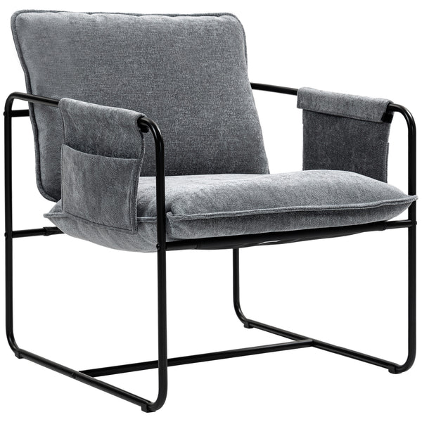 Armchair with side pockets and steel frame, gray