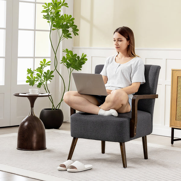 Accent chair with wooden legs, thick padding, dark gray