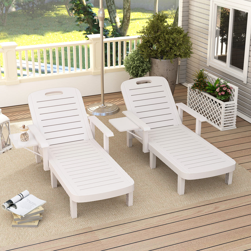 Set of 2 Tanning Chair, 5 Positions Adjustable Outdoor Lounge Chairs with Foldable Side Table, White