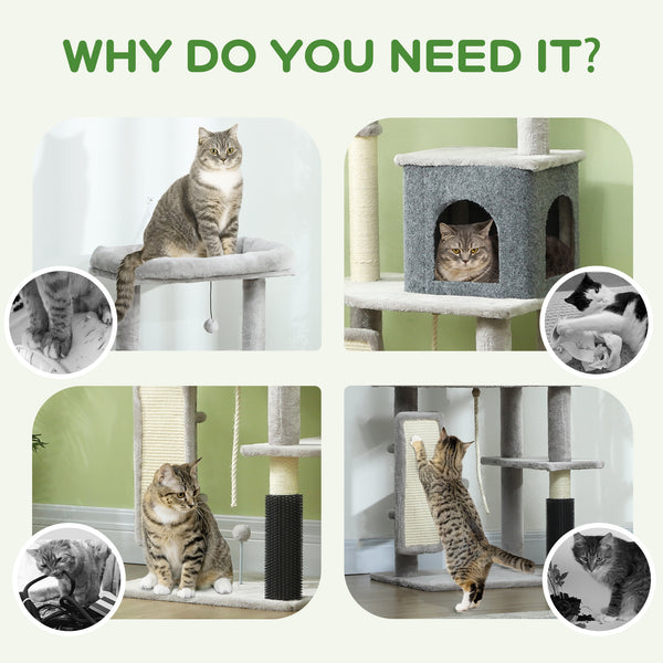 132cm Cat Tree with Scratching Posts, Basket, Kennel, Grooming Brush, Grey