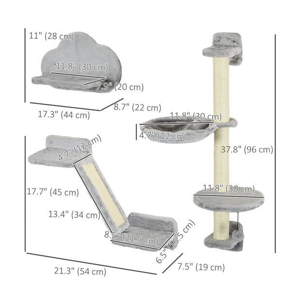 Cat shelves with hammock, scratching post and platforms, grey