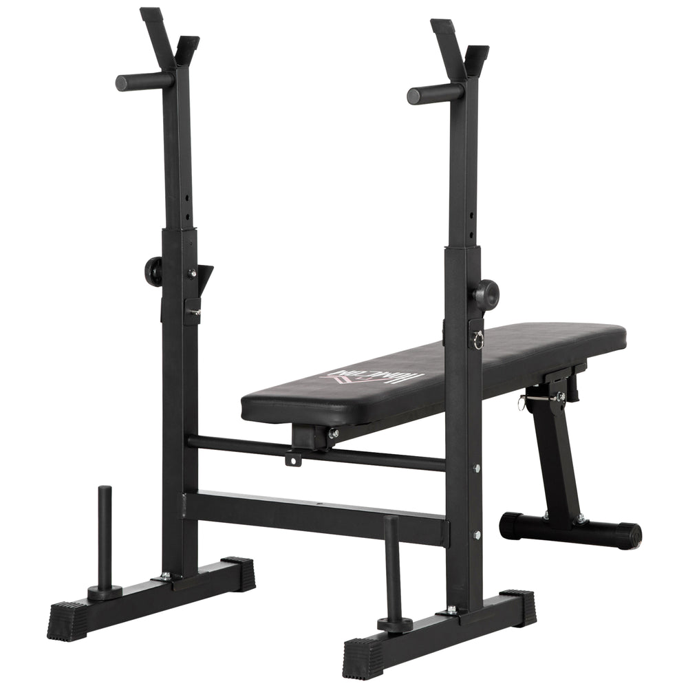 Adjustable, foldable weight bench with dumbbell rack and dip station, black.