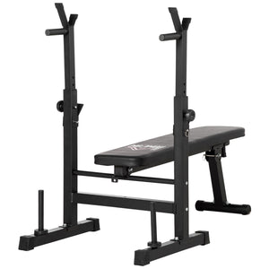 Adjustable, foldable weight bench with dumbbell rack and dip station, black.