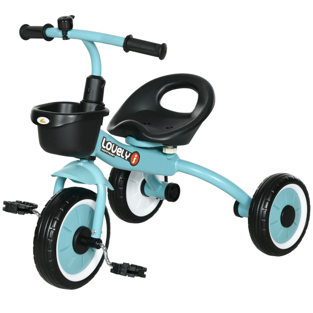 Tricycle with adjustable seat, basket, bell, blue