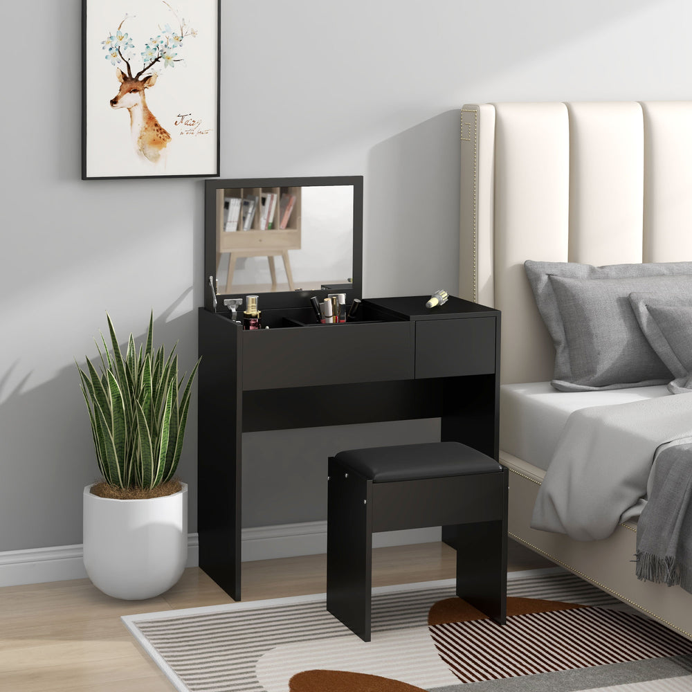 Modern dressing table with folding mirror and padded stool, black
