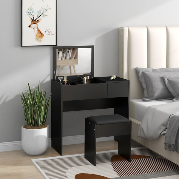 Modern dressing table with folding mirror and padded stool, black