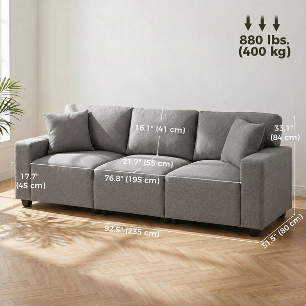3-seater sofa with storage pockets, modern upholstered with pocket springs, gray