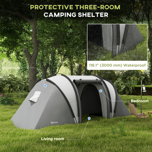 Camping tent with 2 bedrooms and a living area, 3000 mm waterproof, grey.