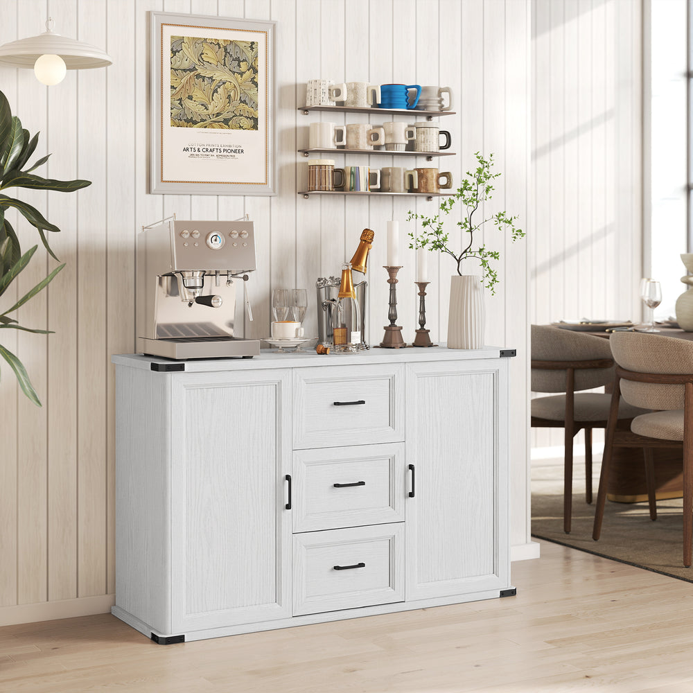 Sideboard with 3 Drawers and 2 Doors, 47" Buffet Cabinet with Adjustable Shelves for Kitchen, White Wood Grain