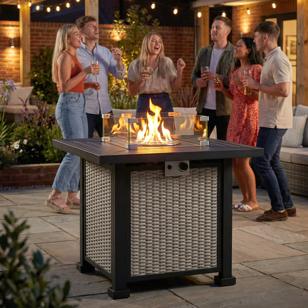 32-inch Square 50,000 BTU Propane Fire Pit Table with Fireplace, Wind Guard, Cover, CSA Certified, Gray