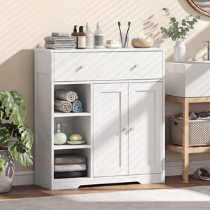 Bathroom storage cabinet with drawer and open compartments, white