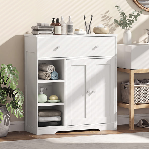 Bathroom storage cabinet with drawer and open compartments, white