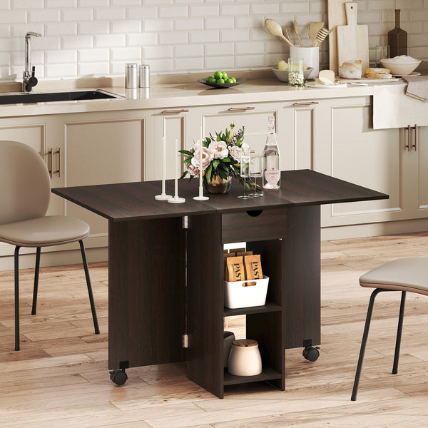 Folding dining table with drawer and storage shelves dark brown