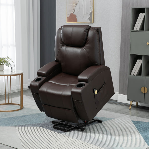PU Leather Electric Lift Chair with Footrest and Cup Holder, Brown