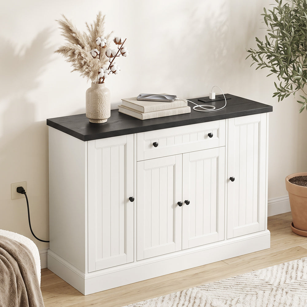 Storage buffet with charging station, 3 cabinets and adjustable shelves, white