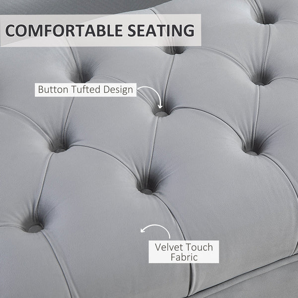 Upholstered bedside bench with button tufting, gray