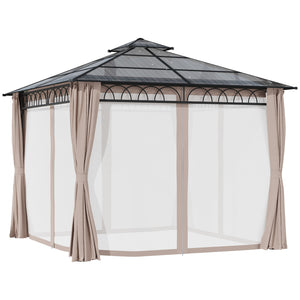10 x 10 gazebo with double PC rigid roof, steel frame, netting and curtains
