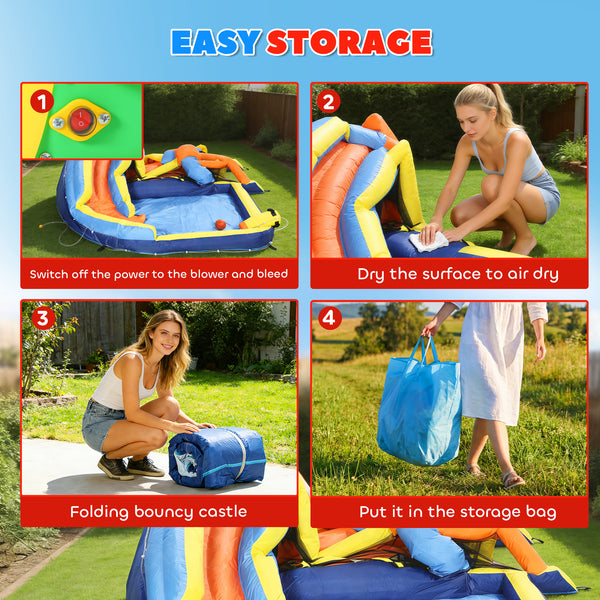 Inflatable bouncy castle for children with slide, ball pit, climbing wall and blower