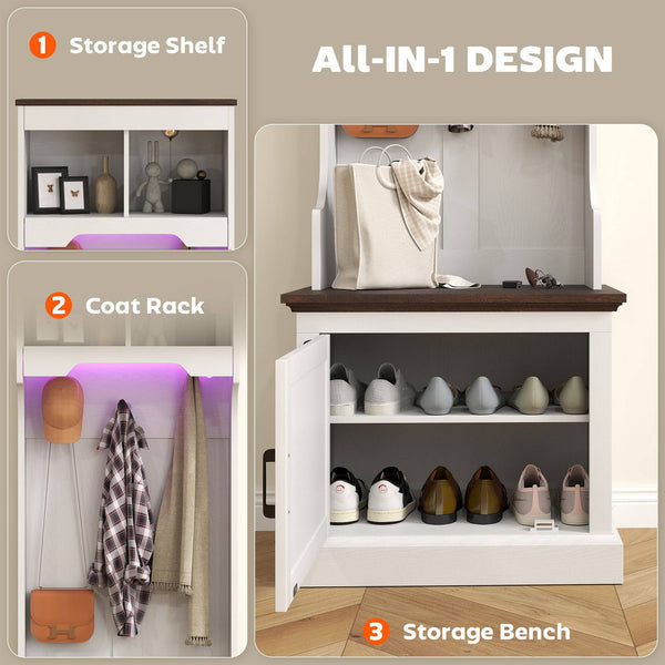 3-in-1 Hallway Unit with LED Lighting and Bench, White