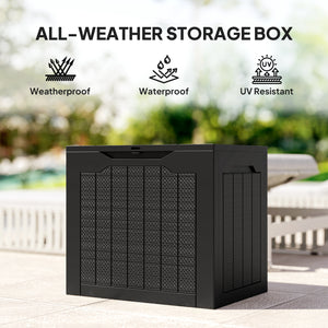 Outdoor resin storage box with handles, waterproof and UV resistant.