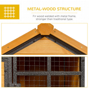 Outdoor hutch with run, sturdy metal frame, asphalt roof, and access ramp