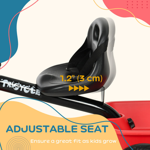 Large tricycle with adjustable seat, safety belt, two storage baskets, red