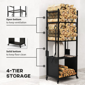 4-Tier Wood Rack with Casters and 4 Tools